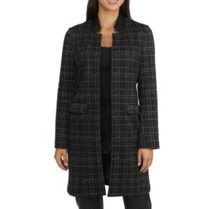 Ellen Tracy Black White Grid Print Preppy Minimalist Open Front Topper Jacket L